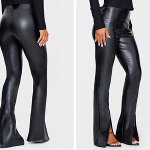 Black faux leather flare pants